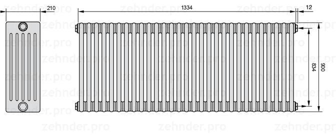 Схема (чертеж) Радиатор Zehnder Charleston 6090/29 №7610 Белый глянцевый RAL 9016